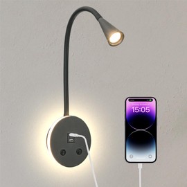 Book Lights for Reading at Night, LED Wall Mounted Reading Light, Flexible Gooseneck Wall Lamps for Bedroom, Plug in Wall Lights with USB Charging, Bedside Wall Sconces Focused Bed Lamp (Black)