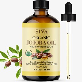 Siva Jojoba Organic Oil 4oz (118ml) Premium Cold-Pressed Organic Carrier Oil with Dropper for Face, Skin Care, Body Massage, Hair Care, Hair Oiling & Scalp Massage