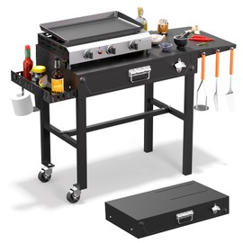 ADREAK Outdoor Grill Cart, Portable Grill Table for Blackstone Griddle, Foldable Grill Stand with Side Tray ＆ Hooks, Movable Pizza Oven Table for Outdoor Use, Fit 17"/25"/30" Large Space