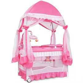 BABY JOY 4 in 1 Pack and Play with Canopy, Portable Baby Playard with Bassinet, Double-Layer Baby Crib, Wheels & Brake, Foldable Baby Girl Pink Bassinet from Newborn to Toddler