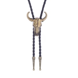 Jeilwiy Western Bolo Tie for Men Gold Cow Skull Bolo Tie Black Leather Bolo Necktie Necklace