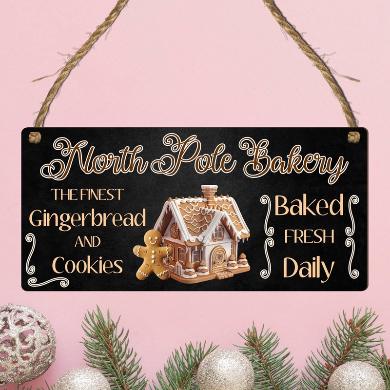 "North Pole Bakery" Christmas Plaque - Festive Gingerbread House Sign