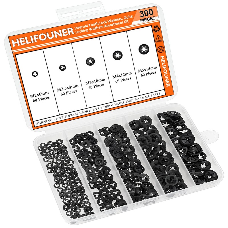HELIFOUNER 300 Pieces 5 Sizes Internal Tooth Star Lock Washers,