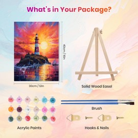 Jawecci Sunset Scenery Framed Painting by Numbers Kits for Adults, Lighthouse Paint by Numbers with Wooden Holder Canvas, Easy DIY Pigment Drawing Paintwork 30x40cm