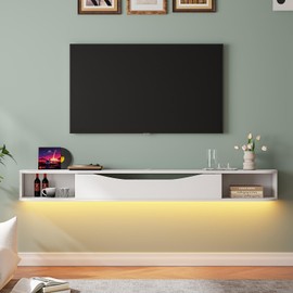 FurniNova Floating TV Stand,55'' Wall Mounted TV Cabinet,Floating TV Console,Under TV Shelf with 1 Door and 2 Cabinets for TVs up to 65''(White)