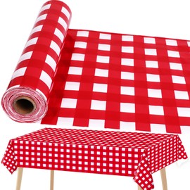 Red and White Checkered Tablecloth Roll 52 in x 100 Ft Red Checkered Picnic Party Supplies Camping Party Tablecloth for Indoor Outdoor Events Family Banquet Parties and Celebrations（Plastic ）