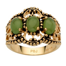 PalmBeach Yellow Gold-plated Antiqued Oval Shaped Genuine Green Jade 3-Stone Ring Sizes 5-10 Size 8