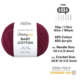 HobbyMia Baby Cotton Yarn for Crocheting - 50g / 180yds - (2) Fine, Sport Weight Yarn - Amigurumi Yarn for Crochet Thread - 60% Cotton & 40% Acrylic & 10 Stitch Makers (Claret Red, 4 Balls)
