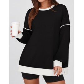 ZESICA Sweatshirts for Women Casual Long Sleeve Crewneck Contrast Color Oversized Pullover Tops 2024 Fall Clothes,Black,Medium