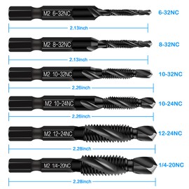 Upgraded 6-Pack Combination Drill & Taps Bit Set SAE - 6542 M2 HSS Steel with Anti-Rust Black Coating, 6-32NC 8-32NC 10-32NC 10-24NC 12-24NC 1/4-20NC Drill Tap Countersink Bits, 1/4” Hex Shank