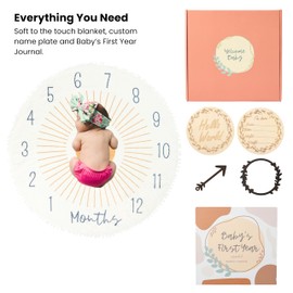 Seesaw Sprouts Baby's First Year Keepsake Journal Gift Set | Milestone Blanket, Birth Announcement Nameplate in a Gift Box —Beautiful Gender Neutral Boho Gift for Expecting Moms, Dads & Baby Showers