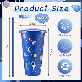 Chuangdi 24 Pcs Space Party Plastic Cups with Lid and Straw 24 oz Outer Space Party Favors Galaxy Astronaut Cups for Birthday Baby Shower Party Supplies