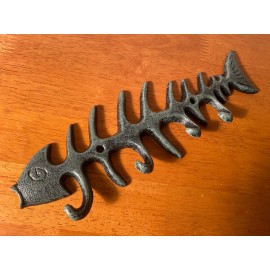 Fish Bone Hook Plaque Sign Cast Iron Nautical Beach House Rustic Patina Decor