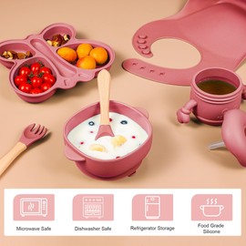 Silicone Baby Feeding Set, Baby Led Weaning Supplies, Silicone Suction Butterfly Plate, Bowl, Spoons, Fork and Waterproof Bib & Cloth Bib, Eating Utensils Baby Feeding Essentials (Pink)