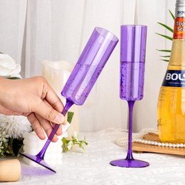 YOUBET 24 Pack Purple Plastic Champagne Flutes -6 Oz Clear Purple Champagne Glasses - Square Plastic Toasting Glasses for Birthday Anniversary Wedding & Holiday Party