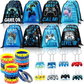 Talltalk 48 Pcs Video Game Party Supplies Blue Black Video Game Party Favor for Boys Includes 16 Video Game Drawstring Bags 16 Video Game Wristband Rubber Bracelet 16 Keychain for Video Game Party