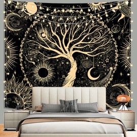 Avinyl Extra Large Tree of Life Wall Tapestry for Bedroom, Sun and Moon Wall Tapestries Aesthetic, Black and Gold Wall Hanging Home Decor for Dorm Living Room Office 71in x 91in