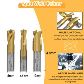 HaoTrade Pack of 3 spot welding drills, welding point drill, HSSCO welding point drill bit, used for cutting wood, carbon steel and shaped steel, 6.5 mm, 8 mm, 10