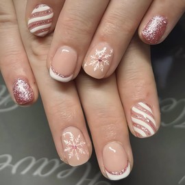 OHWODA Snowflake Christmas Press on Nails Short Winter Fake Nails Square Shape Pink Glitter Christmas False Nails Glossy Full Cover Glue on Nails White French Christmas Stick on Nails for Women