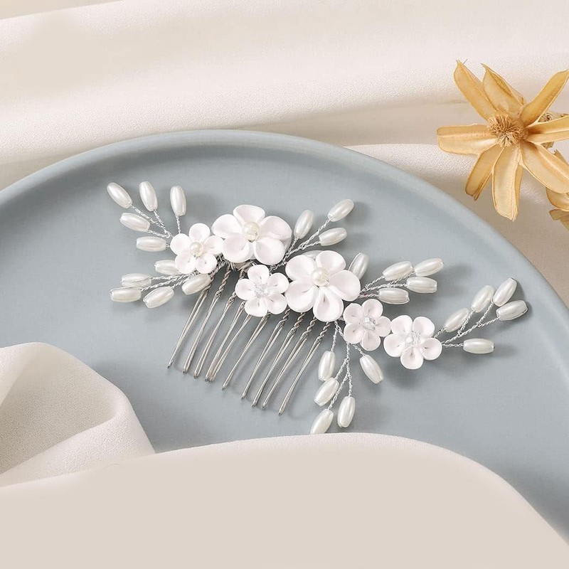 LLSME Bridal Hair Comb, Handmade White Flower Rhinestone Hair Clips,