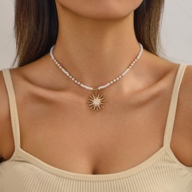 Bohemia Beaded Necklace for Women Gold Sun Moon Pendant Necklace Summer Sunflower Pendant Colorful Rice Beads Choker Necklace Christmas Birthday Summer Beach Jewelry (White)