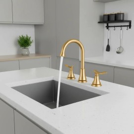 2-Handle 8-Inch Widespread Deck-Mounted American Style Hot/Cold Water Bathroom Hall Sink Faucet Brushed Gold 3-Hole 360 SwivelColor: Brushed np, Surface Finishing: General