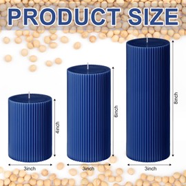 Conelist Ribbed Pillar Candles Set of 3, Width 3" High 4" 6" 8" Large Soy Wax Scented Pillar Candles Aesthetic Ribbed Modern Home Decor for Bathroom Living Room(Navy Blue)