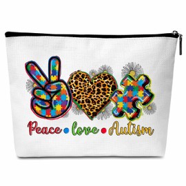 Beshoul Autism Awareness Gifts Makeup Cosmetic Bag with Zipper for Women, Inspirational Gifts Peace Love Understand Travel Makeup Organizer Pouch - C14