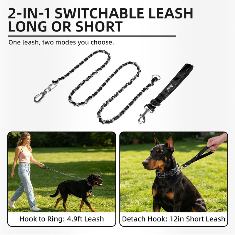 PUPTECK Chain Dog Leash Chew Proof, 2-in-1 Reflective with Soft