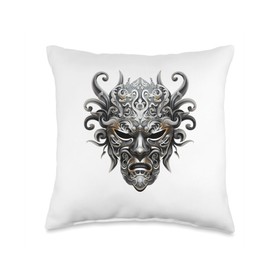 Scary Silver Yokai Oni Mask Japanese Anime Warrior Throw Pillow