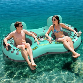 2-Person Inflatable River Tube, Heavy Duty Tube Float for River Pool Lake Beach with Built-in Cooler & Cup Holders, Ergonomic Backrest, Durable Handles & Grab Rope, 660lb Weight Capacity
