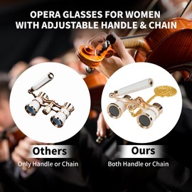 3X25 Opera Glasses Binoculars Compact with Adjustable Handle & Chain, Portable Vintage Theater Glasses Mini Binoculars for Adults Women Kids for Music Concerts Opera Houses Cinema（White）