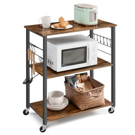 VASAGLE Kitchen Shelf on Wheels, Serving Cart with 3 Shelves, Kitchen Cart, Microwave Shelf, for Mini Oven, Toaster, with 6 Hooks, Industrial Style, Rustic Brown and Black UKKS067K01