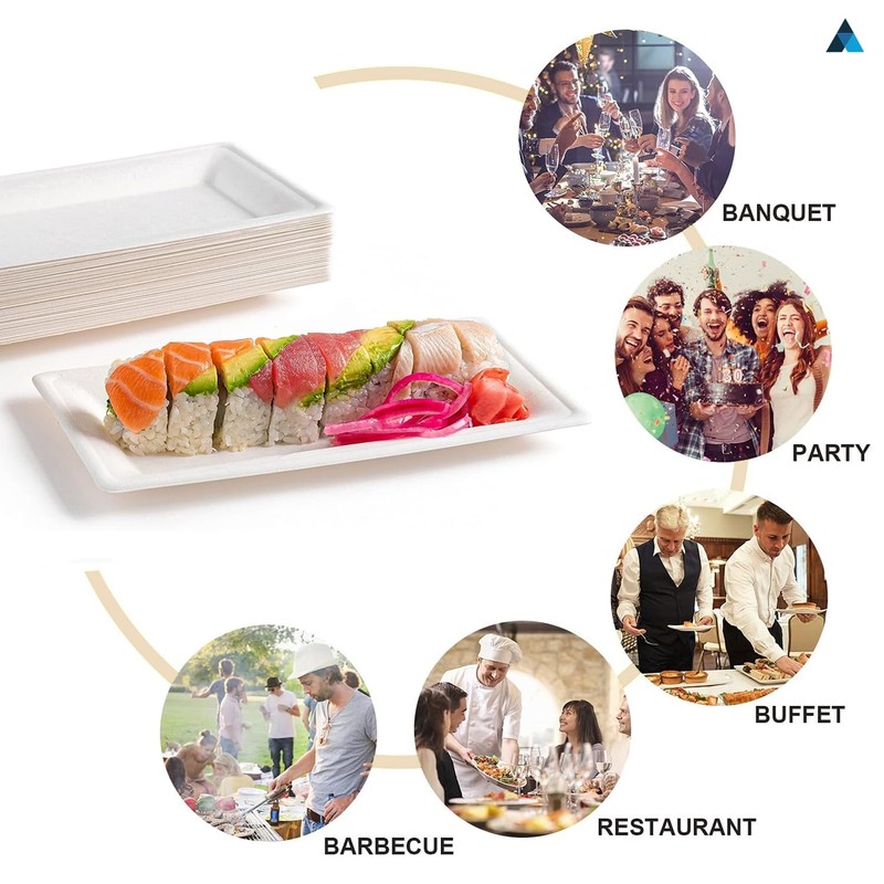 Nationwide Paper 26x13cm Eco-Friendly Heavy Duty Rectangular Plates Natural Sugarcane,