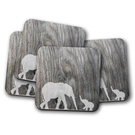 Silver Kangaroo Elephant with Baby Coasters - set of 4 drinks mats ideal new home present or housewarming gift