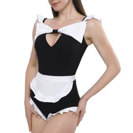 Landofgenie Maid Onesie for Women Off Shoulder Ruffled Details Cosplay Outfit Uniform Pajama Jumpsuit Black M