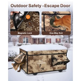 Heated Cat House for Outside Insulated, Weatherproof Heated Cat House in Winter, Escape Door & Waterproof Awning, Outdoor Feral Stray Shelter with Heating Pad Barn