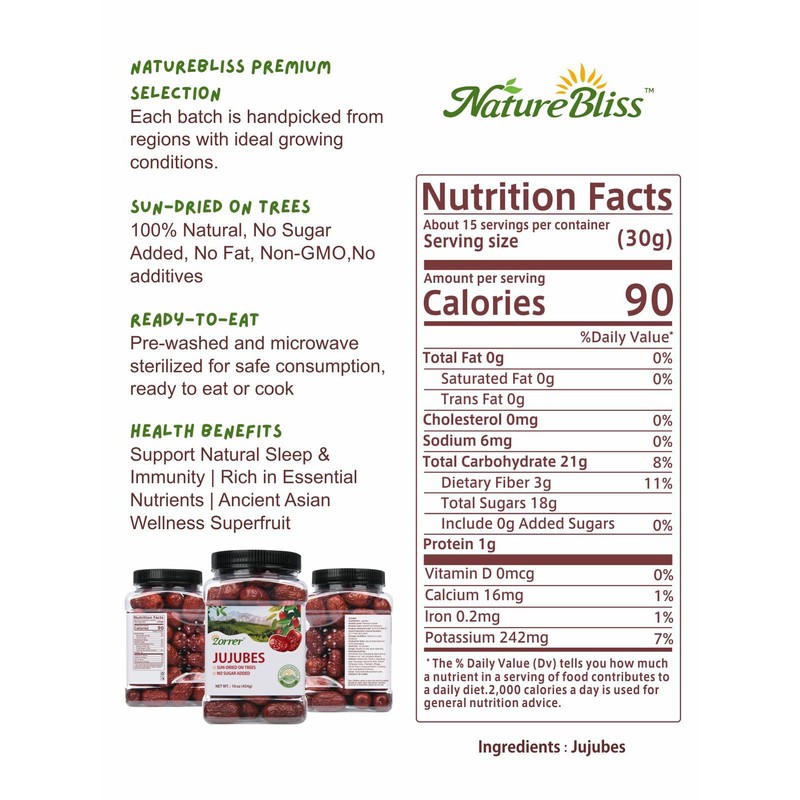 Zorrer Premium Jujube Dates, 16 oz, Red Dates, Sun-Dried, No