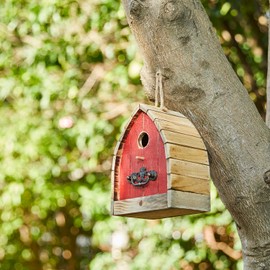 Glitzhome 8.5" H Washed Red Distressed Solid Wood Birdhouse Garden Hanging Bird House for Outdoors