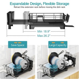 GSlife Expandable Dish Drying Rack - Large Dish Racks for Kitchen Counter with Pan Slot, Anti-Rust Sink Dish Drainer with Drainboard and Utensil Holder, Black