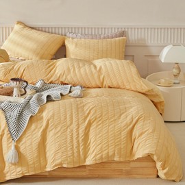 WARMDERN Duvet Cover Set Queen Size, 3pcs Washed Microfiber Mustard Yellow Bedding Set, Soft Breathable Striped Textured Seersucker Duvet Cover with Zipper Closure & Corner Ties(Mustard Yellow, Queen)