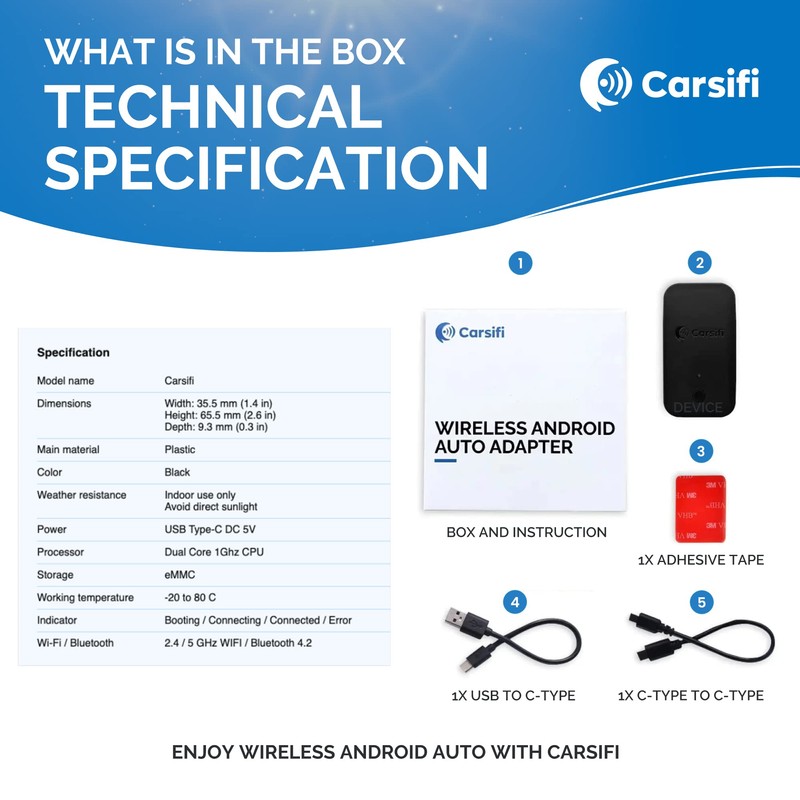 CARSIFI Wireless Android Auto Adapter for All Cars and Head