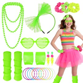 80s Fancy Dress Costumes Set for Women, 1980s Neon Party Costume Accessories with Earrings Bracelet Necklace Leg Warmers Fishnet Gloves Headband Scrunchies, Retro Outfit for 80s Theme Party (green)