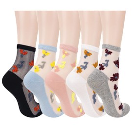 Womens Girls Sheer Socks Colorful Lace Ankle Mesh Socks Novelty Pretty Cute Floral Transparent See Through Crew Socks Ultra Thin Nylon Tulle Flower Patterned Dress Socks Gift, 5 Pack-Sunflower
