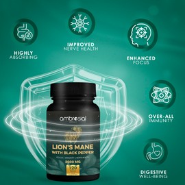 Ambrosial Lion's Mane with Black Pepper - 2000 mg - Enhances Focus, Boosts Immunity, and Supports Nerve Health - Highly Absorbent 100% Organic Lion's Mane Extract - 120 Tablets