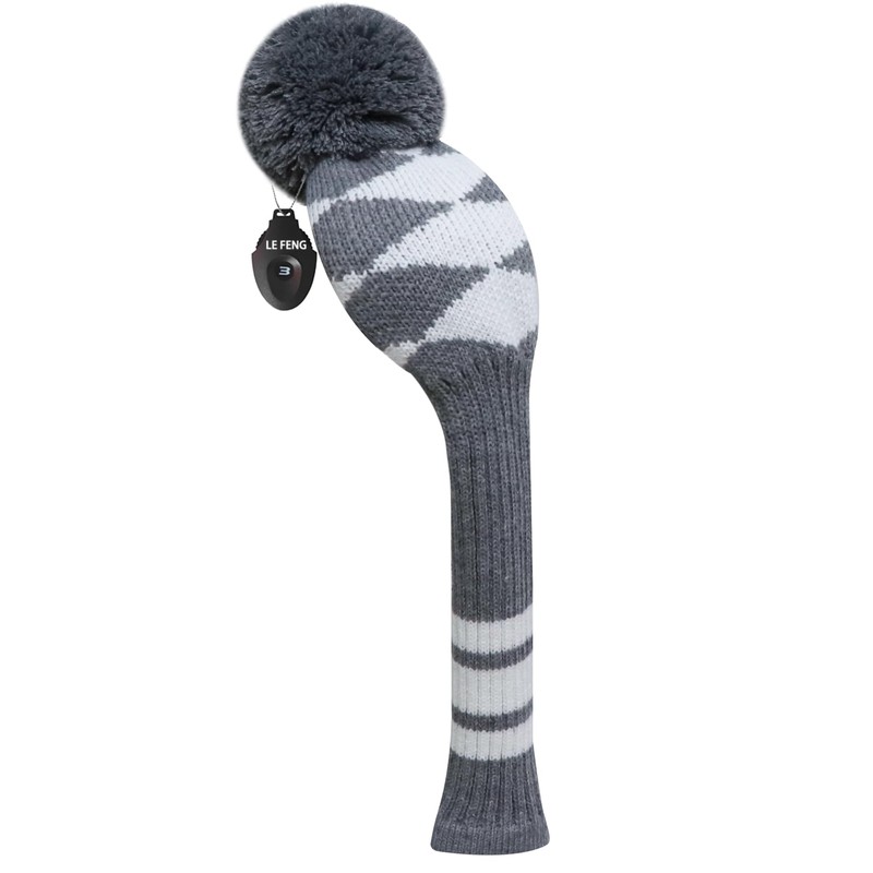 LeFeng ゴルフクラブカバー ニットゴルフヘッドカバー 460ccドライバーフェアウェイウッドとハイブリッド用 かわいいポンポンと数字タグ付き (グレーホワイト格子縞、フェアウェイ用) 1個