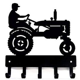 The Metal Peddler Farm Tractor with Farmer Key Rack Holder for Wall - 6 inch Wide - Made in USA; Farmhouse Decor