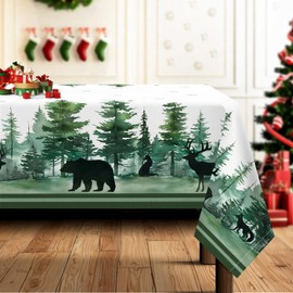 Arquiel Christmas Tablecloth, Winter Green Woodland Tablecloth, Washable, Rectangular, Easy Care Tablecloth for Kitchen, Parties, Decoration, Wedding, Festival (152 x 213 cm)