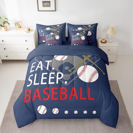 Feelyou Baseball 7 Piece Bedding Set Full Size Kids Boys Softball Comforter Set with Sheets for Teens Toddler Navy Blue Bed in a Bag Ball Games Bed Set