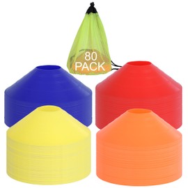 Athllete Soccer Training Cones with Mesh Bag & Flexible Strap, Sports Cones for Soccer Practice, Basketball, Fitness - Sports for Indoor & Outdoor Games (80 Pack, Blue/Yellow/Red/Orange)